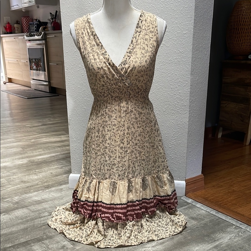 Chaudry Floral Cream and Brown Sleeveless Dress